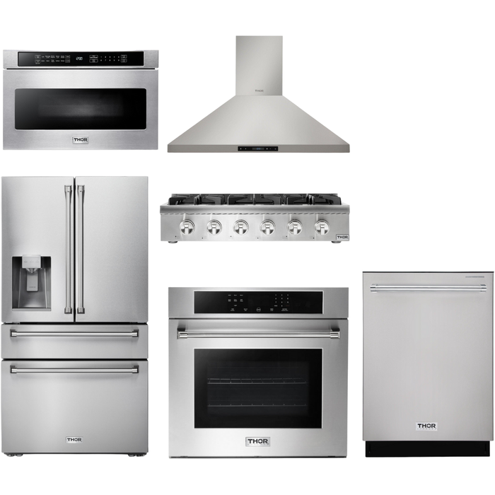 Thor Kitchen 36 In. Propane Gas Rangetop, Range Hood, Wall Oven, Refrigerator with Water and Ice Dispenser, Dishwasher, Microwave Drawer Appliance Package