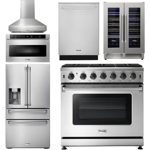 Thor Kitchen 36 Inch Gas Range, Range Hood, Microwave Drawer, Refrigerator with Fridge and Ice Maker, Dishwasher, Wine Cooler Appliance Package