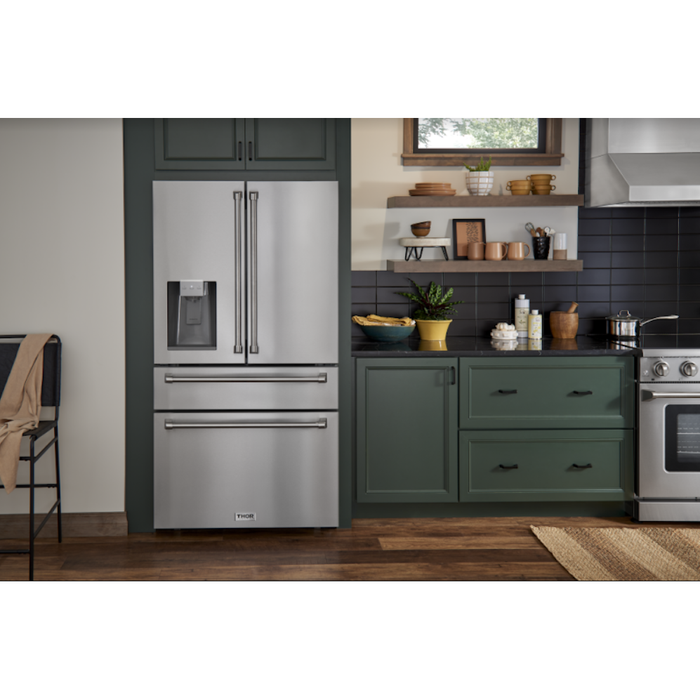 Thor Kitchen 36 Inch Gas Range, Range Hood, Microwave Drawer, Refrigerator with Fridge and Ice Maker, Dishwasher, Wine Cooler Appliance Package