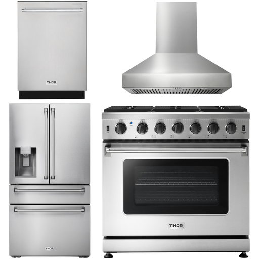 Thor Kitchen 36 Inch Propane Gas Range, Range Hood, Refrigerator with Water and Ice Dispenser, Dishwasher Appliance Package