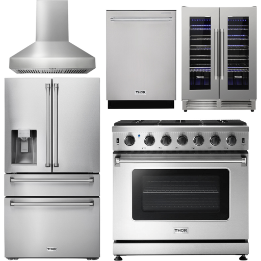 Thor Kitchen 36 Inch Propane Gas Range, Range Hood, Refrigerator with Water and Ice Dispenser, Dishwasher, Wine Cooler Appliance Package