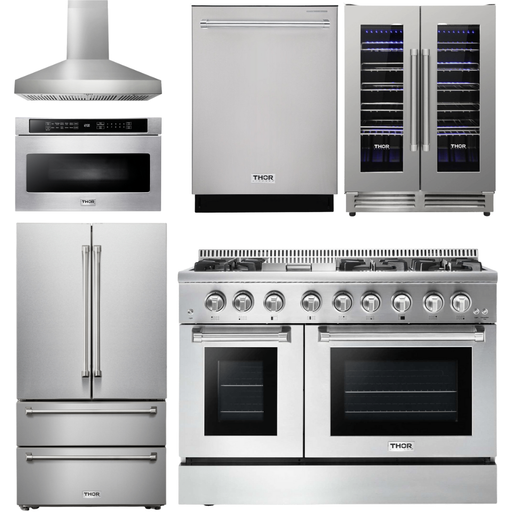 Thor Kitchen 48 In. Dual Fuel Range, Range Hood, Refrigerator, Dishwasher, Microwave Drawer, Wine Cooler Appliance Package