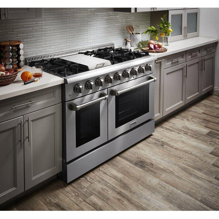 Thor Kitchen 48 In. Dual Fuel Range, Range Hood, Refrigerator, Dishwasher, Wine Cooler Appliance Package