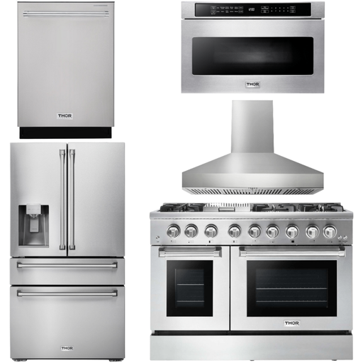 Thor Kitchen 48 In. Dual Fuel Range, Range Hood, Refrigerator with Water and Ice Dispenser, Dishwasher, Microwave Drawer Appliance Package