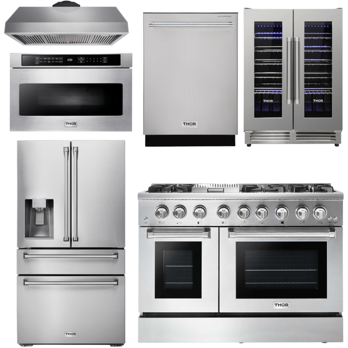 Thor Kitchen 48 In. Dual Fuel Range, Range Hood, Refrigerator with Water and Ice Dispenser, Dishwasher, Microwave Drawer, Wine Cooler Appliance Package