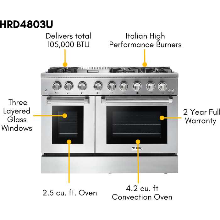 Thor Kitchen 48 In. Dual Fuel Range, Range Hood, Refrigerator with Water and Ice Dispenser, Dishwasher, Wine Cooler Appliance Package