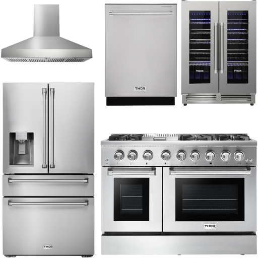 Thor Kitchen 48 In. Dual Fuel Range, Range Hood, Refrigerator with Water and Ice Dispenser, Dishwasher, Wine Cooler Appliance Package