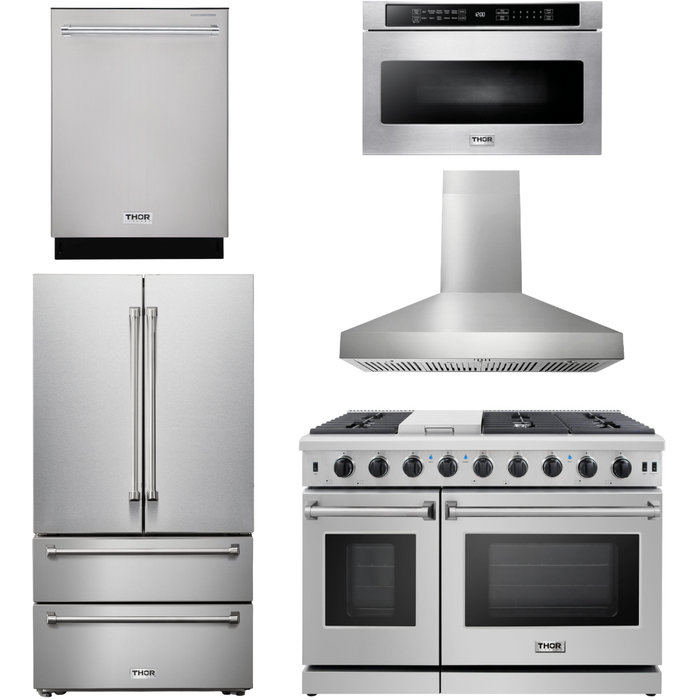 Thor Kitchen 48 In. Gas Range, Range Hood, Dishwasher, Refrigerator, Microwave Drawer Appliance Package