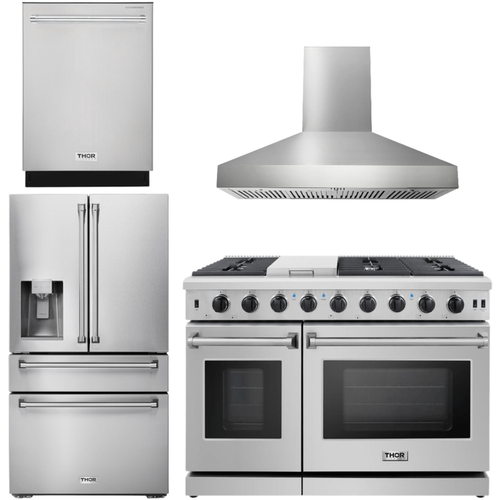 Thor Kitchen 48 in. Gas Range, Range Hood, Dishwasher, Refrigerator with Water and Ice Dispenser Appliance Package