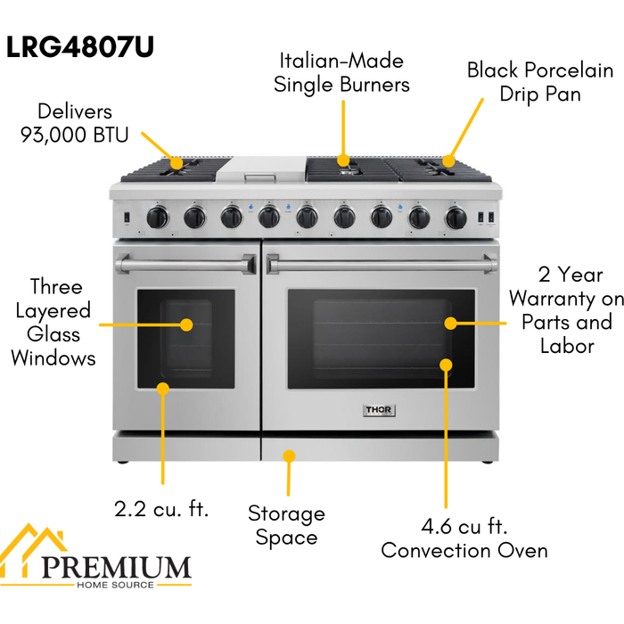 Thor Kitchen 48 in. Gas Range, Range Hood, Dishwasher, Refrigerator with Water and Ice Dispenser Appliance Package