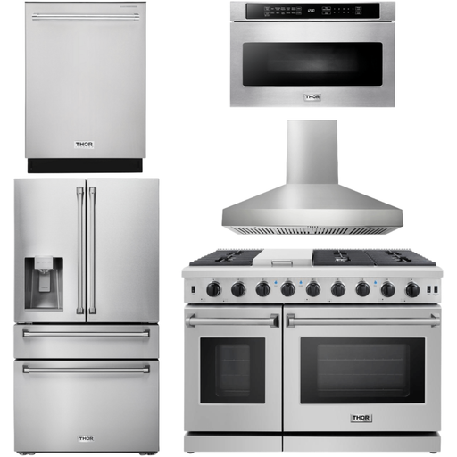 Thor Kitchen 48 in. Gas Range, Range Hood, Dishwasher, Refrigerator with Water and Ice Dispenser, Microwave Drawer Appliance Package