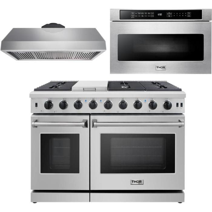 Thor Kitchen 48 in. Gas Range, Range Hood, Microwave Drawer Appliance Package