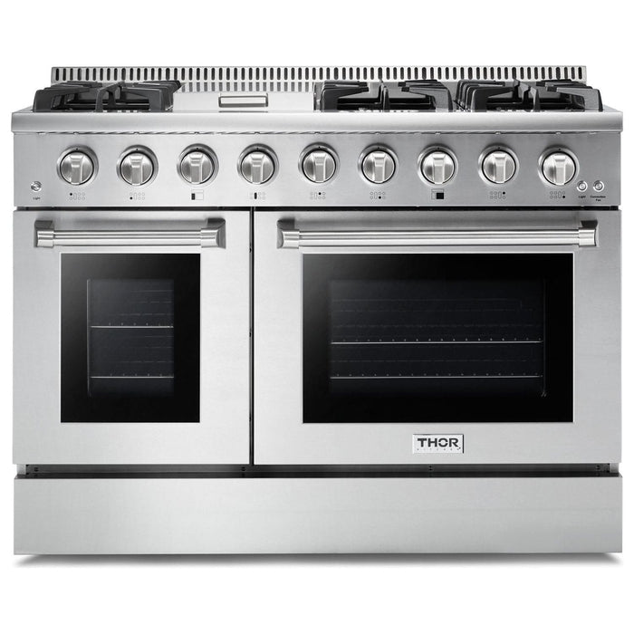 Thor Kitchen 48 in. Gas Range, Range Hood, Microwave Drawer - Stainless Steel Knobs Appliance Package