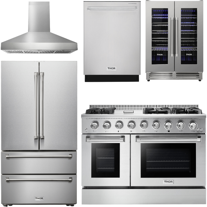 Thor Kitchen 48 In. Gas Range, Range Hood, Refrigerator, Dishwasher, Wine Cooler Appliance Package