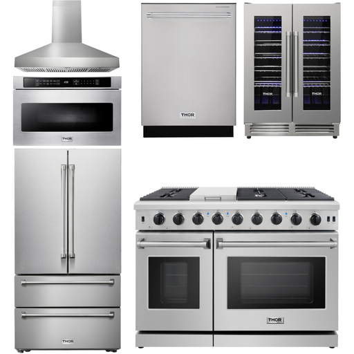 Thor Kitchen 48 In. Gas Range, Range Hood, Refrigerator, Dishwasher, Wine Cooler, Microwave Appliance Package