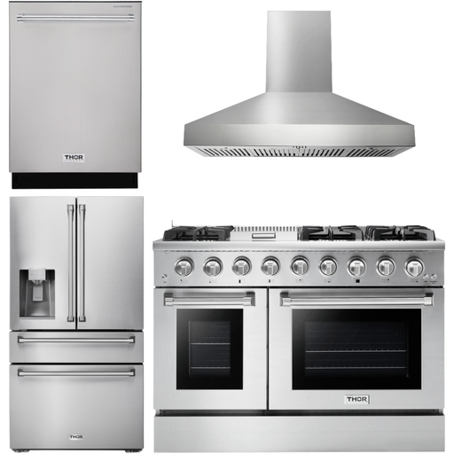 Thor Kitchen 48 in. Gas Range, Range Hood, Refrigerator with Water and Ice Dispenser, Dishwasher Appliance Package