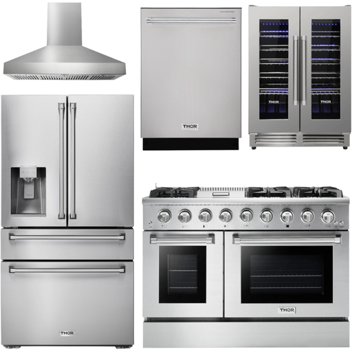 Thor Kitchen 48 in. Gas Range, Range Hood, Refrigerator with Water and Ice Dispenser, Dishwasher, Wine Cooler Appliance Package