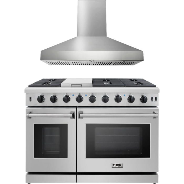 Thor Kitchen 48 in. Gas Range, Wall Mount Range Hood Appliance Package