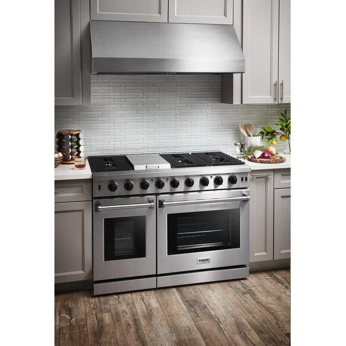 Thor Kitchen 48 in. Gas Range, Wall Mount Range Hood Appliance Package