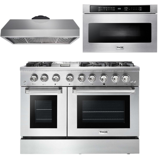 Thor Kitchen 48 in. Propane Gas Burner/Electric Oven Range, Range Hood, Microwave Drawer Appliance Package