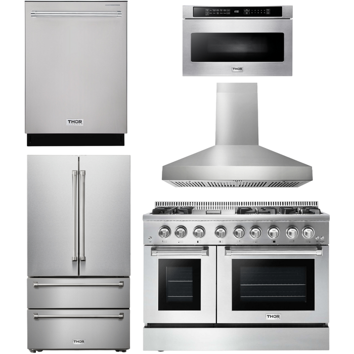 Thor Kitchen 48 In. Propane Gas Burner/Electric Oven Range, Range Hood, Refrigerator, Dishwasher, Microwave Drawer Appliance Package