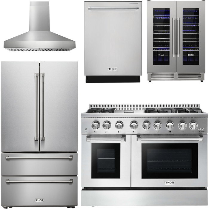 Thor Kitchen 48 In. Propane Gas Burner/Electric Oven Range, Range Hood, Refrigerator, Dishwasher, Wine Cooler Appliance Package