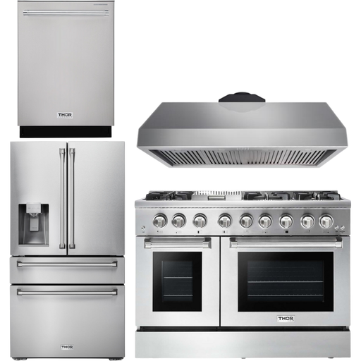 Thor Kitchen 48 In. Propane Gas Burner, Electric Oven Range, Range Hood, Refrigerator with Water and Ice Dispenser, Dishwasher Appliance Package