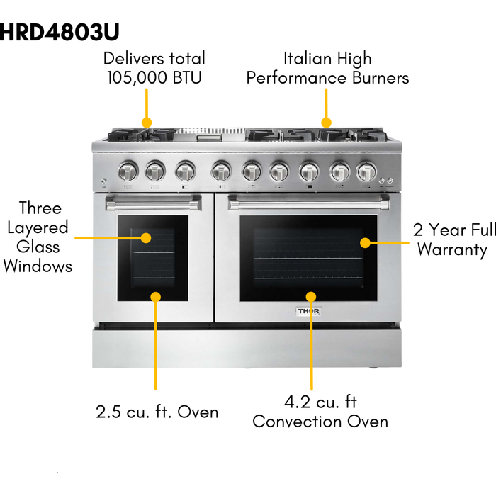 Thor Kitchen 48 In. Propane Gas Burner, Electric Oven Range, Range Hood, Refrigerator with Water and Ice Dispenser, Dishwasher, Wine Cooler Appliance Package