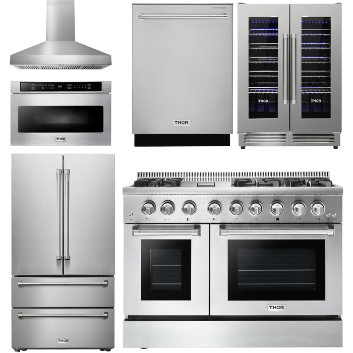 Thor Kitchen 48 In. Propane Gas Burner/Electric Range, Range Hood, Refrigerator, Dishwasher, Microwave Drawer, Wine Cooler Appliance Package