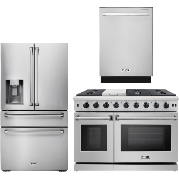 Thor Kitchen 48 in. Propane Gas Range, Dishwasher, Refrigerator with Water and Ice Dispenser LP Appliance Package