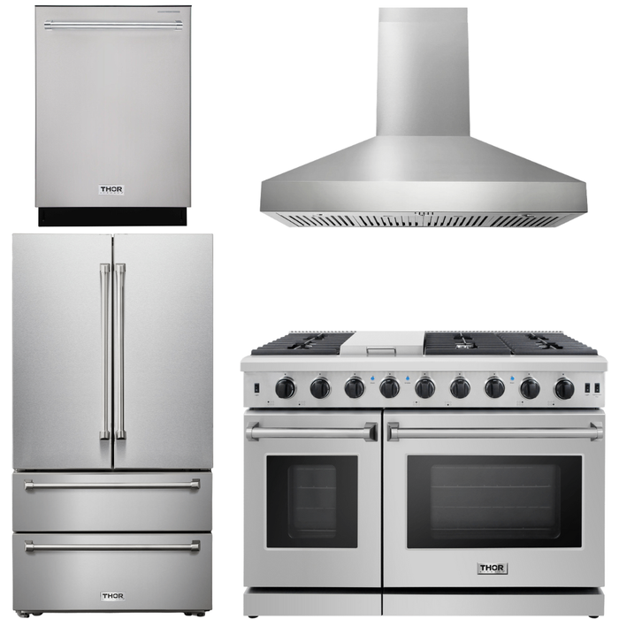 Thor Kitchen 48 In. Propane Gas Range, Range Hood, Dishwasher, Refrigerator Appliance Package