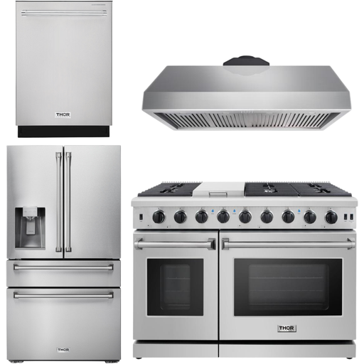 Thor Kitchen 48 in. Propane Gas Range, Range Hood, Dishwasher, Refrigerator with Water and Ice Dispenser Appliance Package