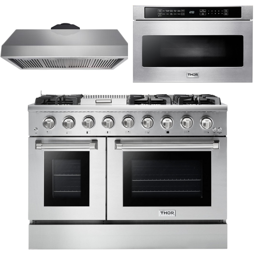 Thor Kitchen 48 in. Propane Gas Range, Range Hood, Microwave Drawer - Stainless Steel Knobs Appliance Package