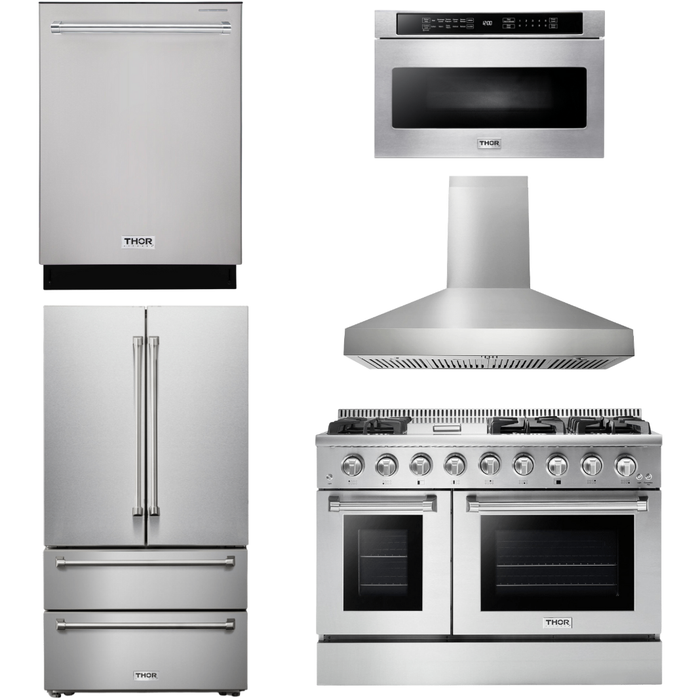 Thor Kitchen 48 In. Propane Gas Range, Range Hood, Refrigerator, Dishwasher, Microwave Drawer Appliance Package