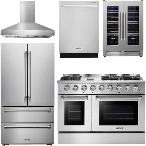 Thor Kitchen 48 In. Propane Gas Range, Range Hood, Refrigerator, Dishwasher, Wine Cooler Appliance Package