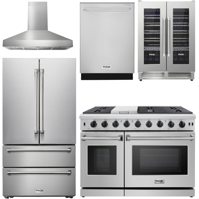 Thor Kitchen 48 In. Propane Gas Range, Range Hood, Refrigerator, Dishwasher, Wine Cooler Appliance Package