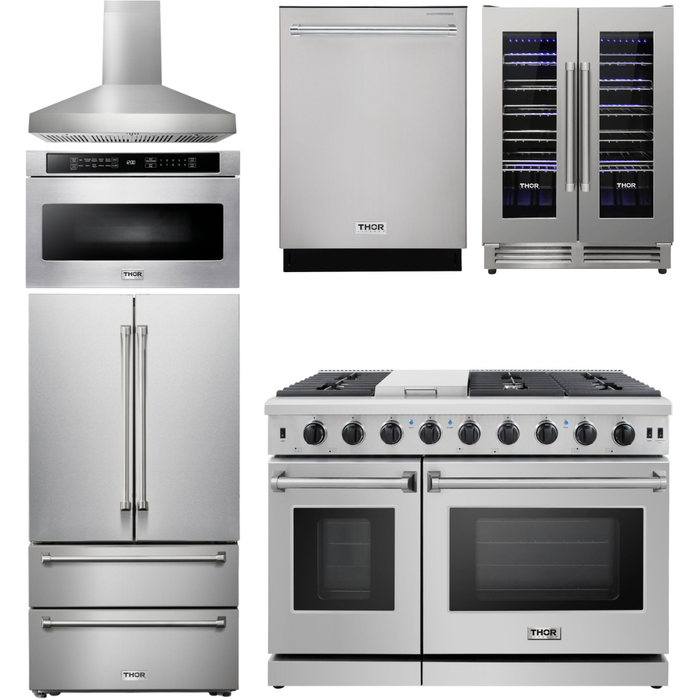 Thor Kitchen 48 In. Propane Gas Range, Range Hood, Refrigerator, Dishwasher, Wine Cooler, Microwave Appliance Package