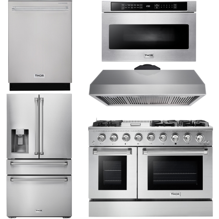 Thor Kitchen 48 in. Propane Gas Range, Range Hood, Refrigerator with Water and Ice Dispenser, Dishwasher, Microwave Drawer Professional Appliance Package