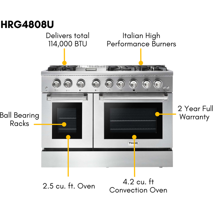 Thor Kitchen 48 in. Propane Gas Range, Range Hood, Refrigerator with Water and Ice Dispenser, Dishwasher, Microwave Drawer, Wine Cooler Professional Appliance Package