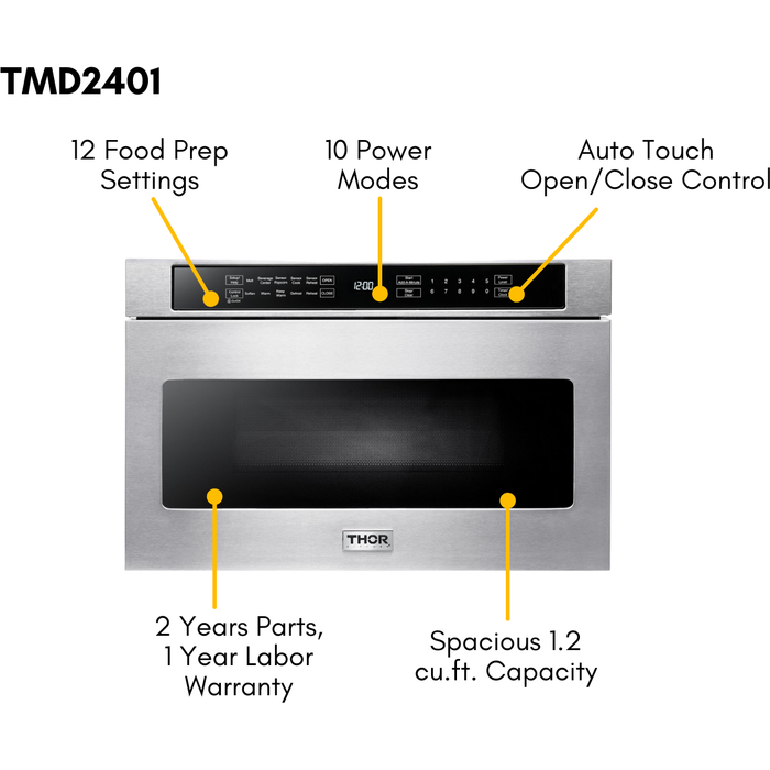 Thor Kitchen 48 in. Propane Gas Range, Range Hood, Refrigerator with Water and Ice Dispenser, Dishwasher, Microwave Drawer, Wine Cooler Professional Appliance Package