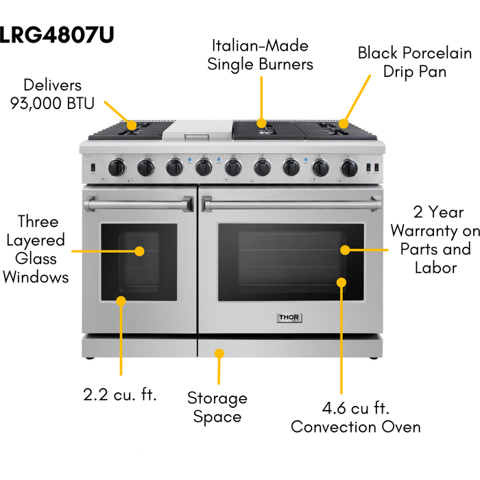 Thor Kitchen 48 In. Propane Gas Range, Range Hood, Refrigerator with Water and Ice Dispenser, Dishwasher & Wine Cooler Appliance Package