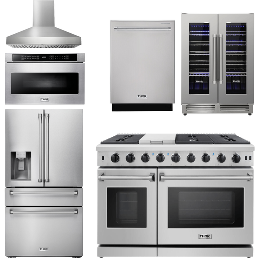 Thor Kitchen 48 in. Propane Gas Range, Range Hood, Refrigerator with Water and Ice Dispenser, Dishwasher, Wine Cooler, Microwave Appliance Package