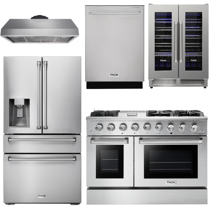 Thor Kitchen 48 in. Propane Gas Range, Range Hood, Refrigerator with Water and Ice Dispenser, Dishwasher, Wine Cooler Professional Appliance Package