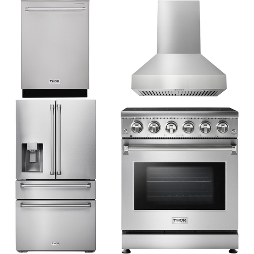 Thor Kitchen Professional 30 In. Electric Range, Range Hood, Refrigerator with Water and Ice Dispenser, Dishwasher Appliance Package