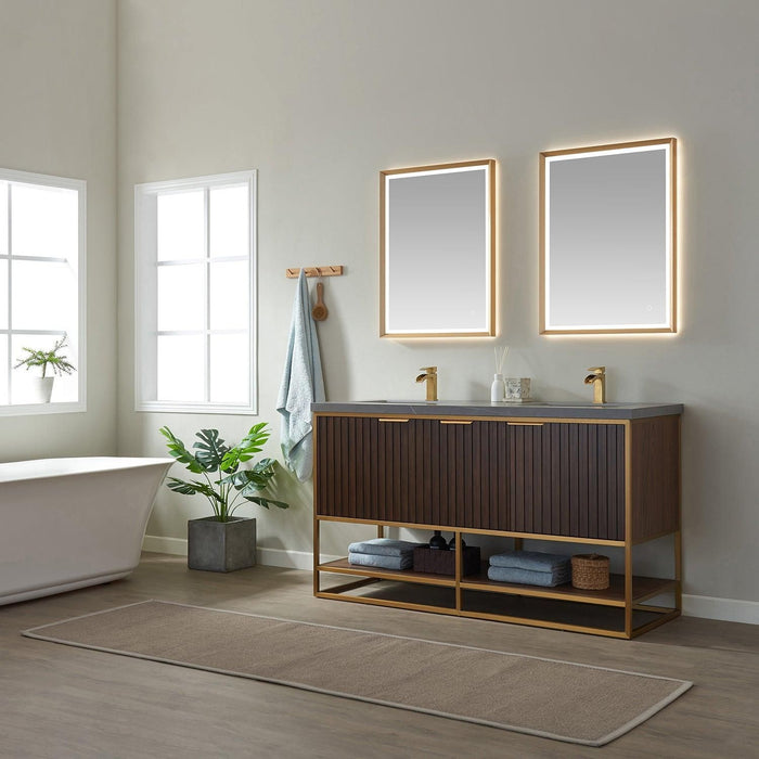 Vinnova Donostia Double Vanity in Walnut with Grey Composite Armani limestone board stone countertop, Optional With Mirror