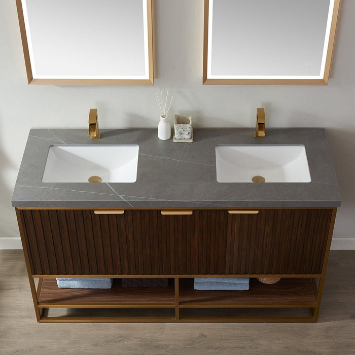 Vinnova Donostia Double Vanity in Walnut with Grey Composite Armani limestone board stone countertop, Optional With Mirror