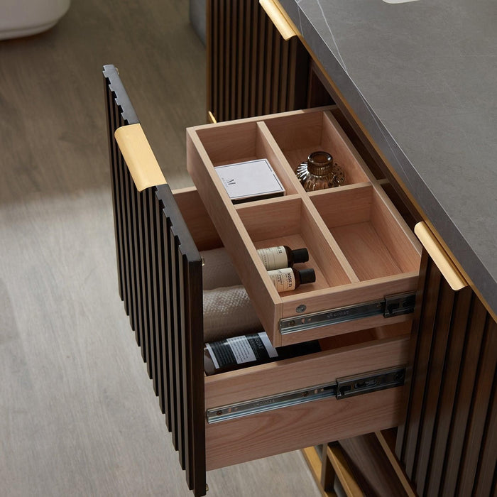 Vinnova Donostia Double Vanity in Walnut with Grey Composite Armani limestone board stone countertop, Optional With Mirror