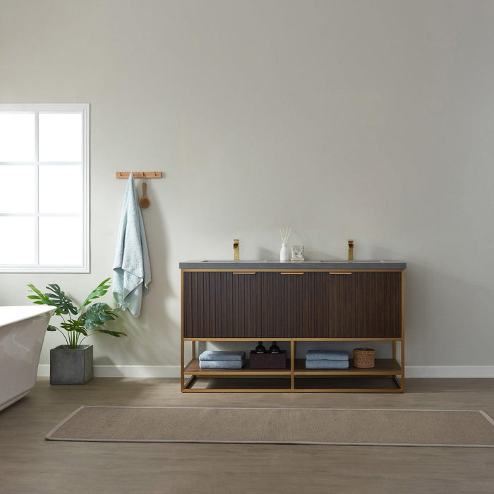 Vinnova Donostia Double Vanity in Walnut with Grey Composite Armani limestone board stone countertop, Optional With Mirror