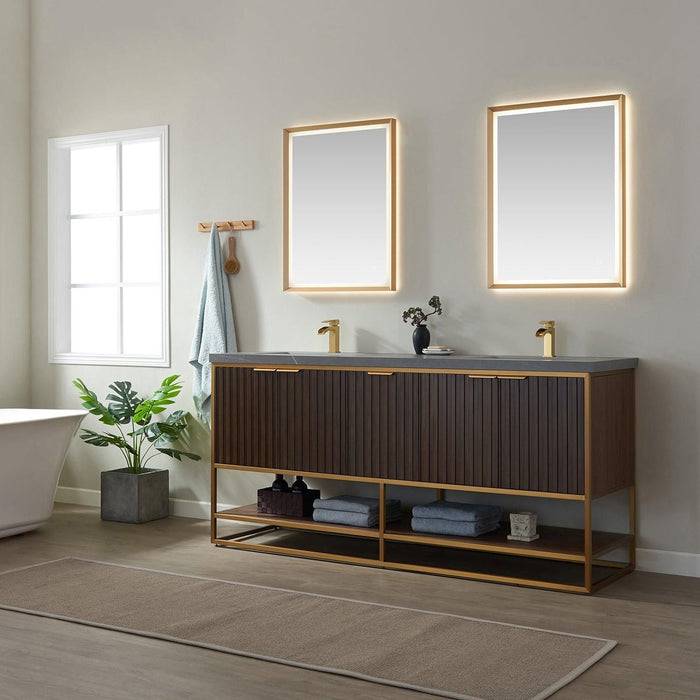 Vinnova Donostia Double Vanity in Walnut with Grey Composite Armani limestone board stone countertop, Optional With Mirror