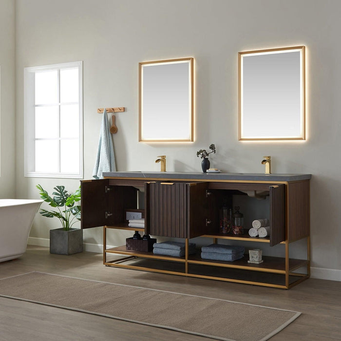 Vinnova Donostia Double Vanity in Walnut with Grey Composite Armani limestone board stone countertop, Optional With Mirror